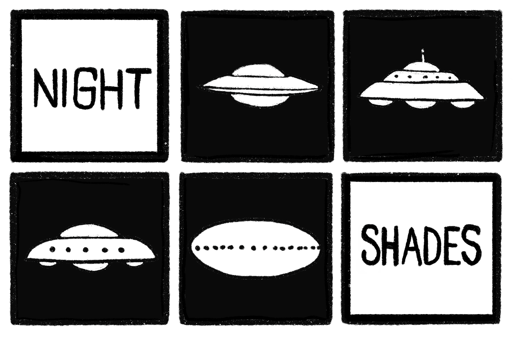 The NightShades logo, a grid of six squares, four of the squares have very simplified negative space drawings of UFOs. Two squares have handwritten type that reads "Night" and "Shades"