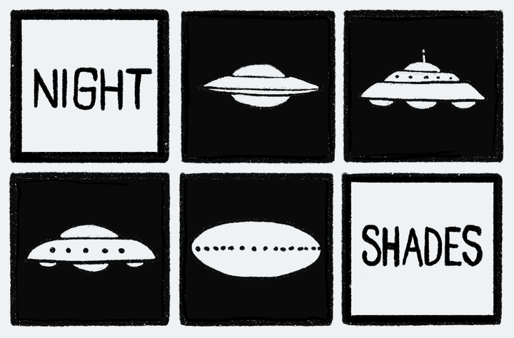 The NightShades logo, a grid of six squares, four of the squares have very simplified negative space drawings of UFOs. Two squares have handwritten type that reads "Night" and "Shades"